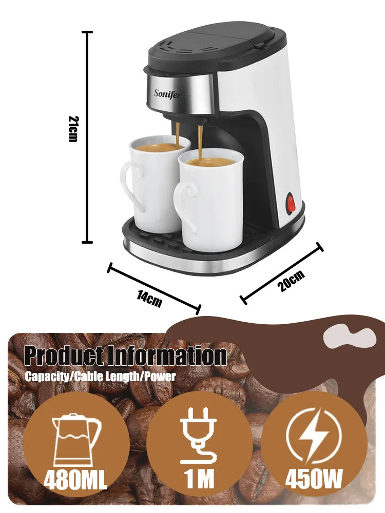 Sonifer 450W coffee maker, white and black design, 480ml capacity, 21x14x20cm, brews into two ceramic mugs.