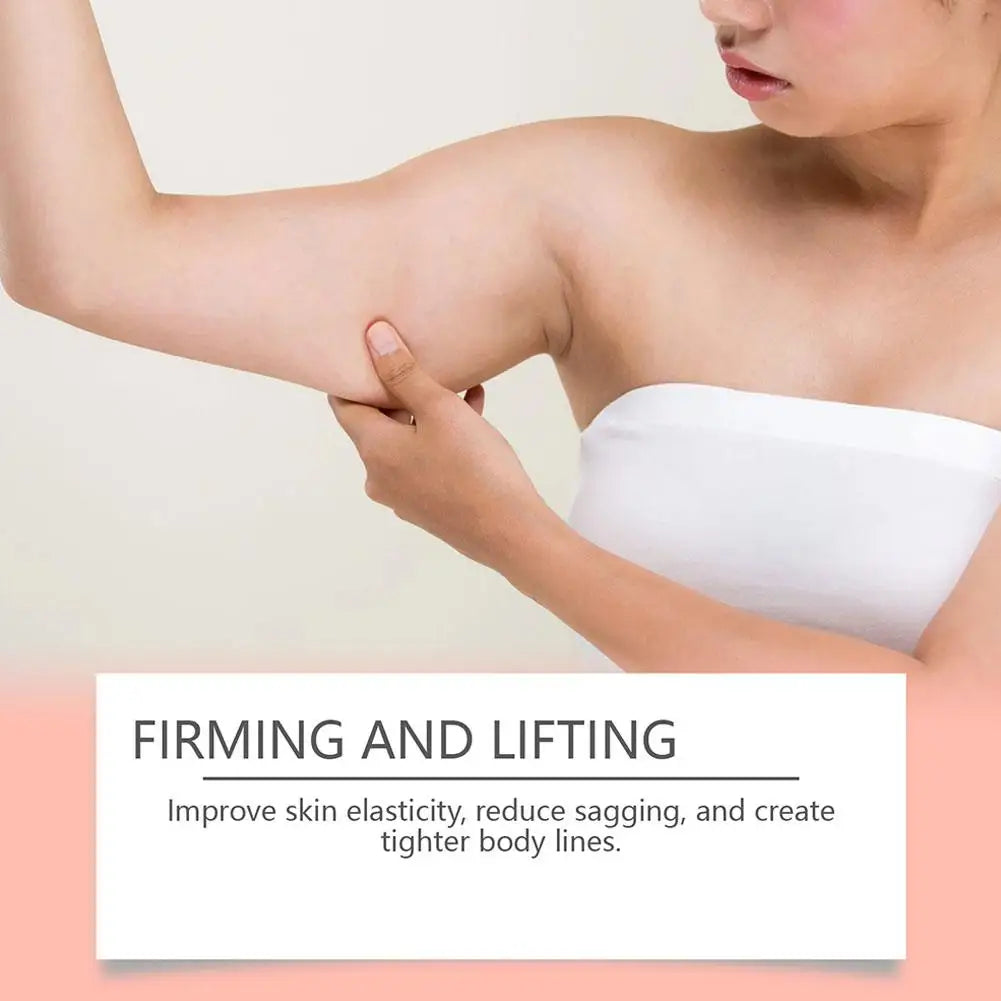A person pinching the skin on their upper arm, with text below reading: "Firming and Lifting: Improve skin elasticity."