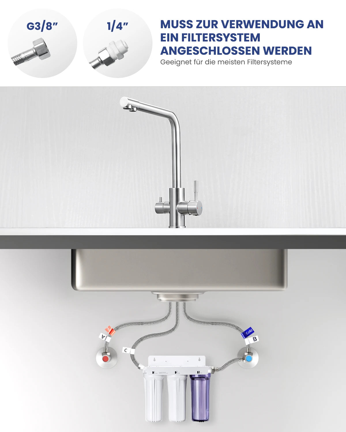 3-way kitchen faucet with 2 handles-Kitchen mixer with hot and cold water and purified water-360° swivel sink faucet-Brushed stainless steel