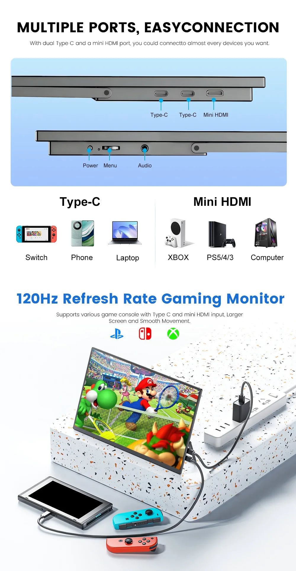 WonTim 18.5Inch Portable Monitor 100Hz Gaming Screen USB-C 100%sRGB 350Nits Display with Stand for PC Laptop Mac Xbox PS5 Switch