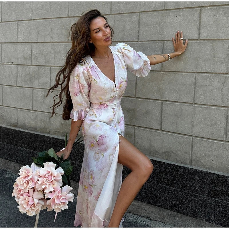 Printed Lace Patchwork Maxi Dress Women V-Neck Half Sleeve Single Breasted Lace Up Long Dresses 2026 Summer All-match Lady Robes