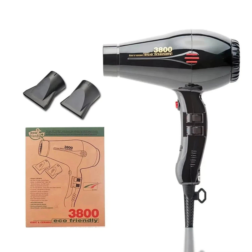 Black 2100W ionic ceramic hair dryer with two styling nozzles and eco-friendly design on a white background.