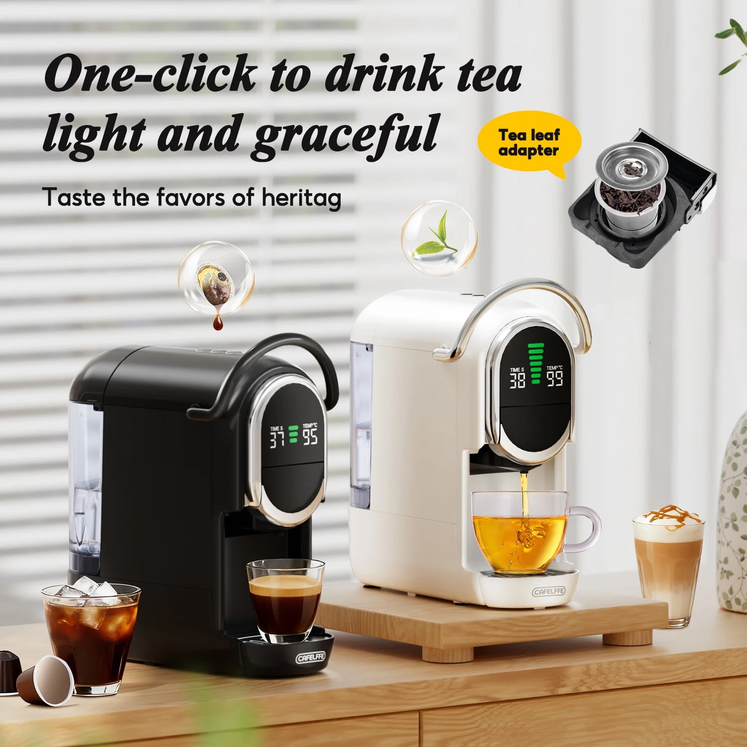 Cafelffe black and white capsule coffee and tea maker with digital temperature display and tea leaf adapter.
