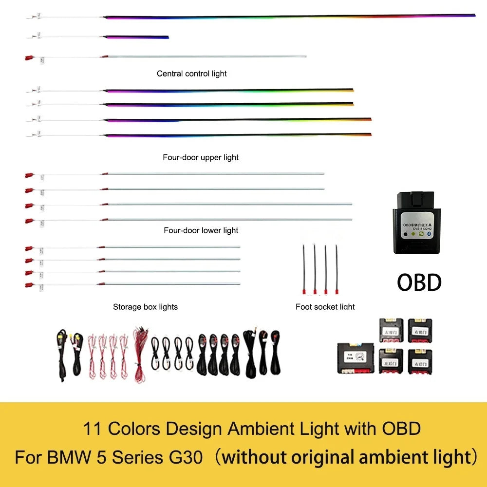 Ambient light kit parts diagram with OBD module, wiring harness, and connectors