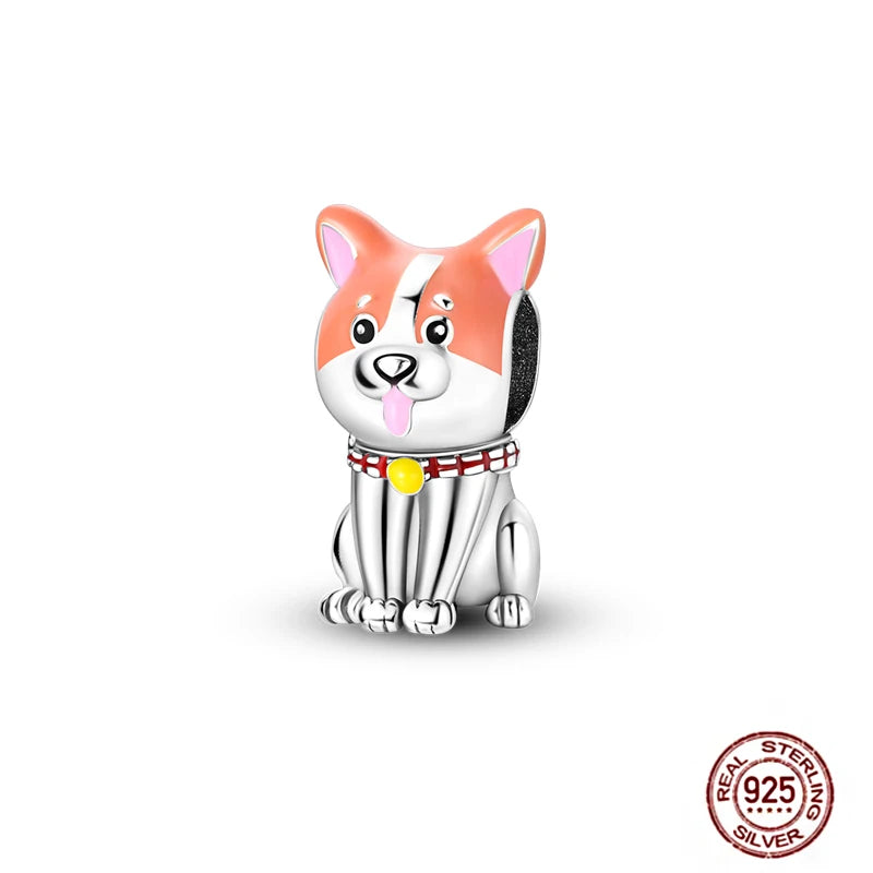 Cute 925 sterling silver puppy dog charm for bracelets, featuring orange enamel and a yellow collar for pet lovers.