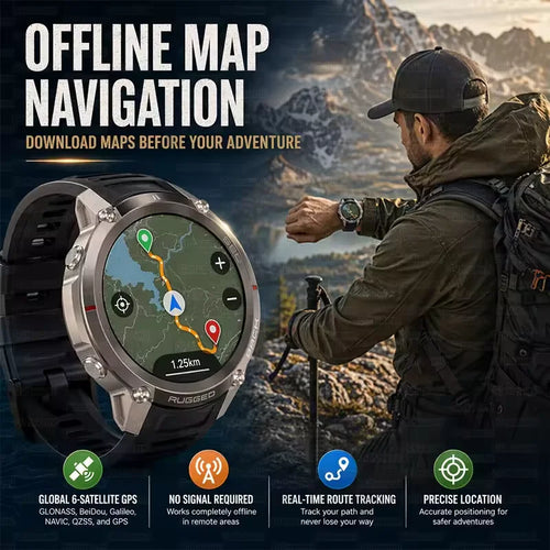 Outdoor GPS sports smartwatch with dark screen and metal bezel, black silicone strap
