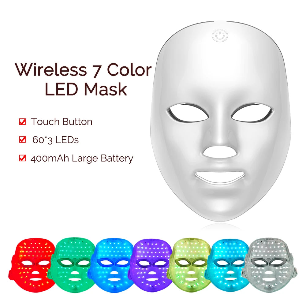 White wireless LED face mask with a touch button, displayed with seven color variations shown in a row.