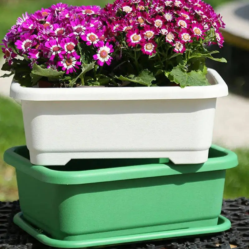 White rectangular planter pot with perforations on green drip tray, filled with flowers