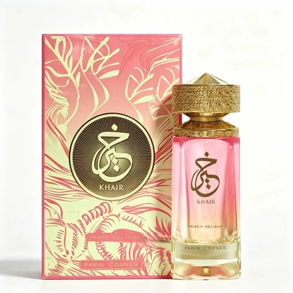 Paris Corner Khair Peach Delight EDP: Long-lasting Arabian perfume in a sleek pink glass bottle with gold cap. 100ml.