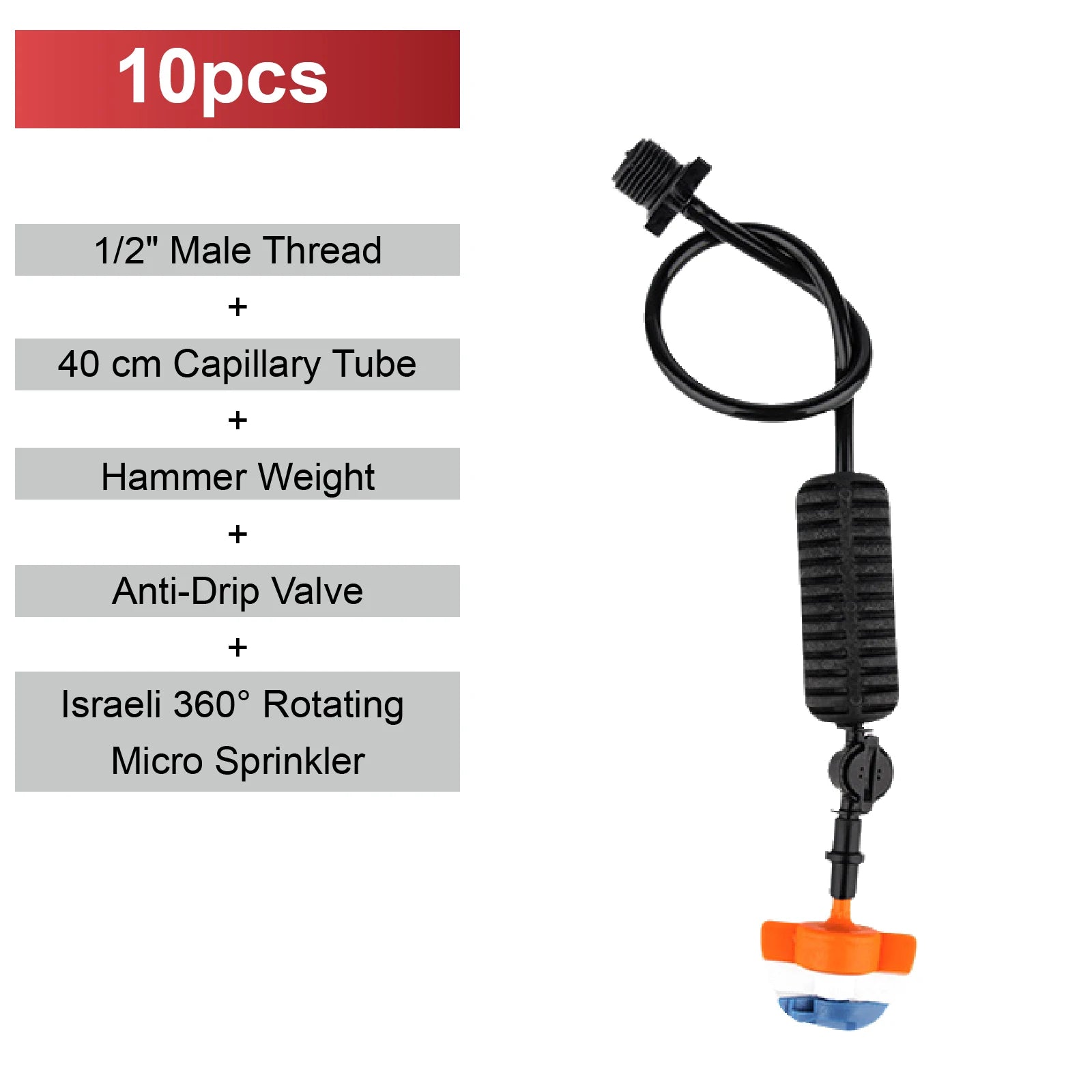 Black 360 rotating mist micro sprinkler nozzle kit with capillary tube, orange base and weight