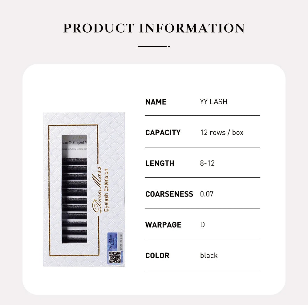 DeceMars black YY eyelash extension tray with product specifications including 12 rows, D curl, and 0.07 thickness.