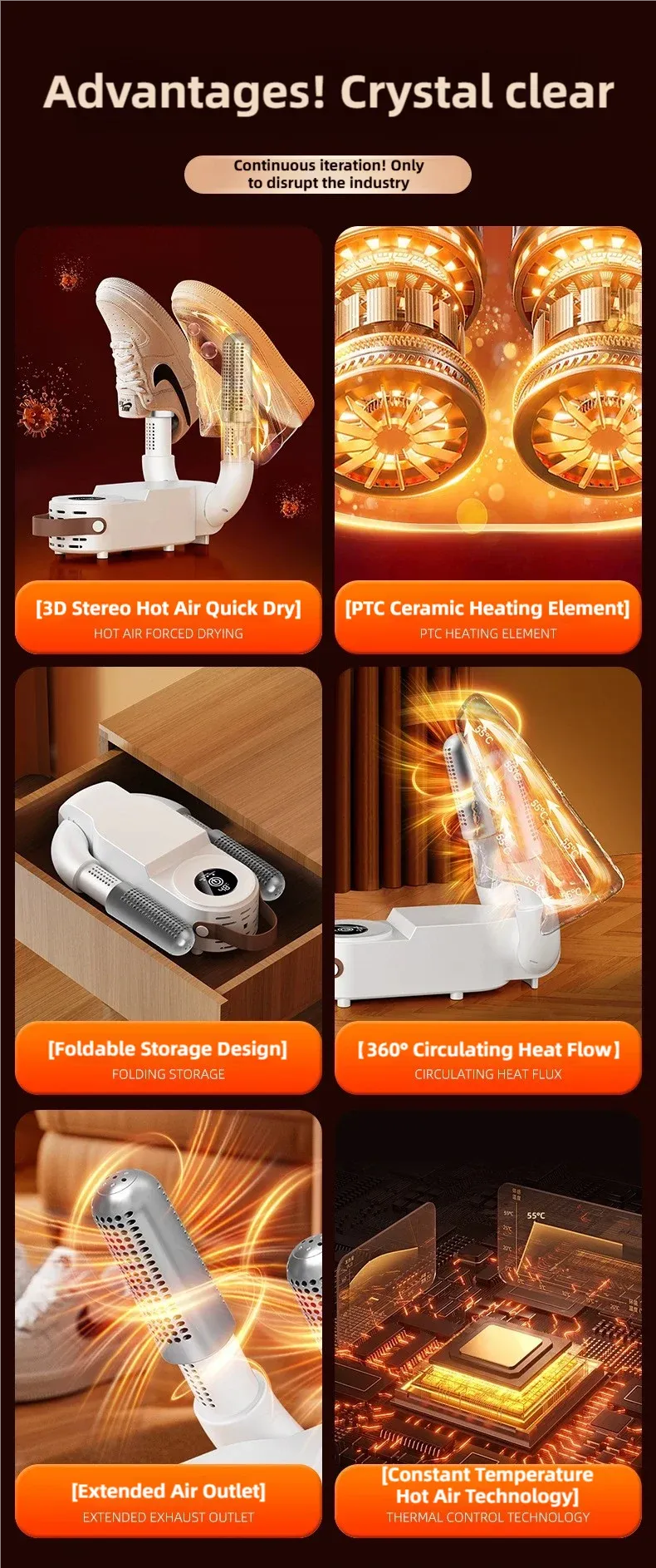 Tinsol Foldable Touch Screen Shoe Dryer 130W 220V