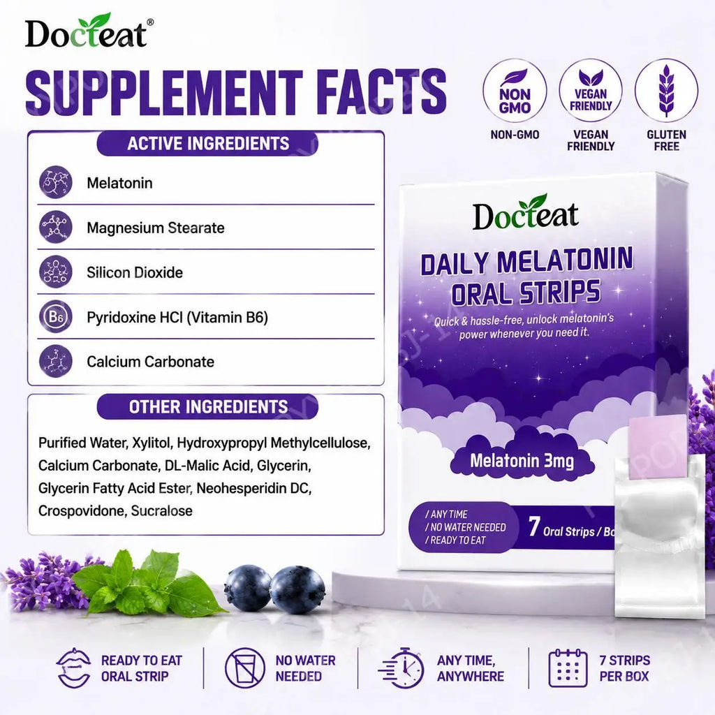 Docteat Daily Melatonin Oral Strips with Vitamin B6 No Water Needed Ready To Eat Dissolving Faster Sleep Onset 7 Oral Strips
