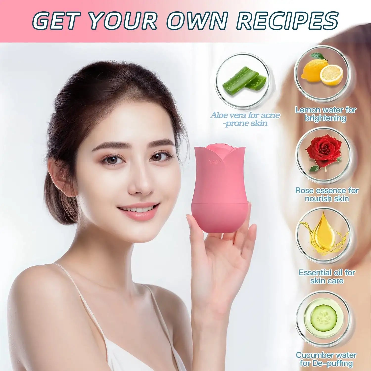 A woman holds a pink, rose-shaped silicone ice roller for facial massage, with recipe circles for skin care.