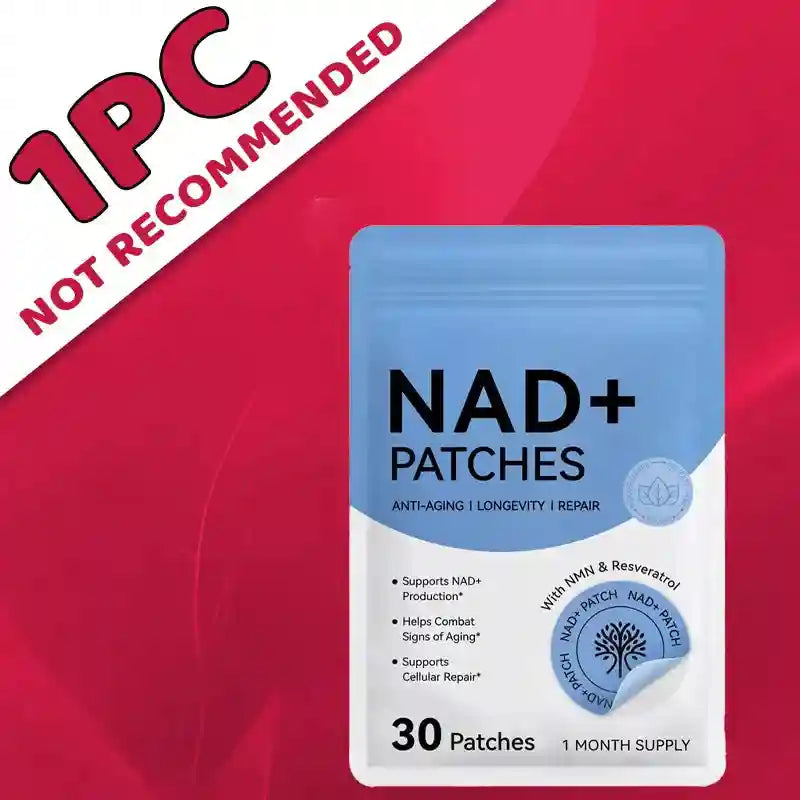 Blue and white NAD+ weight management patches, 30-count supply for anti-aging and wellness body care stickers.