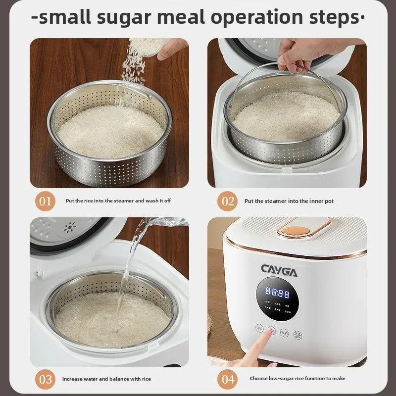 White CAYGA rice cooker showing steaming basket placement in ceramic inner pot