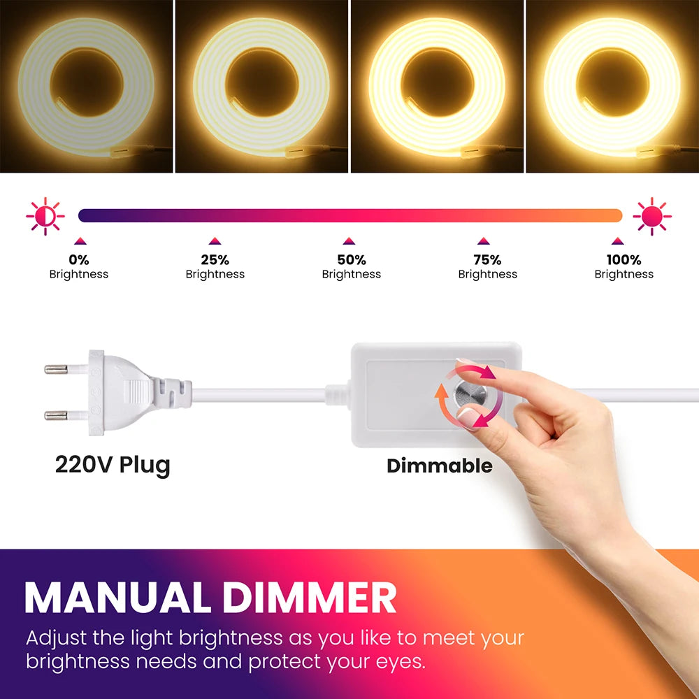 220V Dimmable COB Led Strip Light ON/OFF Dimmer Waterproof 288Leds Flexible Neon Lamp Home Decor EU Power Kit Warm Natural White