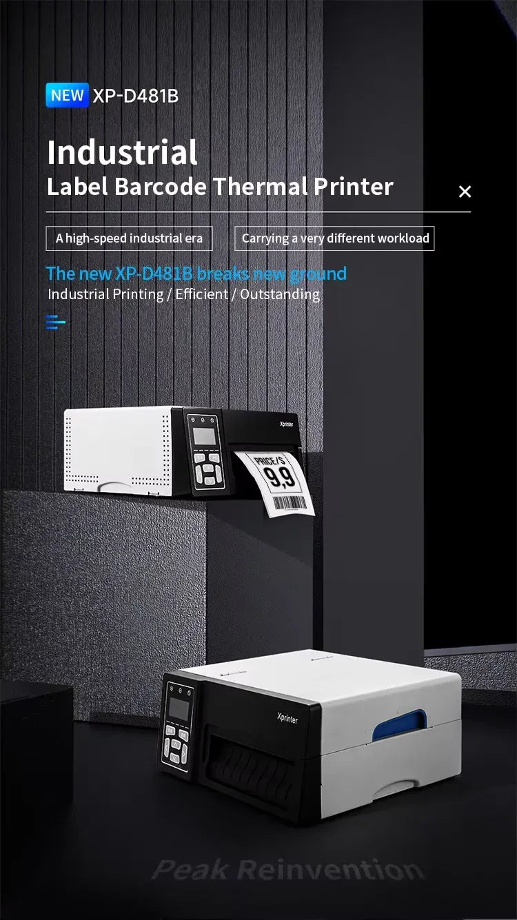 Industrial label barcode thermal printer with front display and label output area