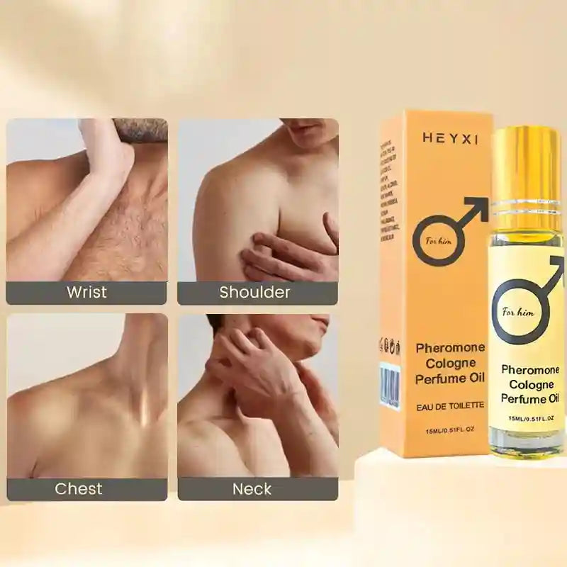 HEYXI Pheromone Cologne Perfume Oil for men. 15ml roll-on travel EDT bottle for a lasting, romantic fragrance.