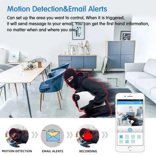 WiFi security camera app on smartphone, showing motion alerts and recording icons