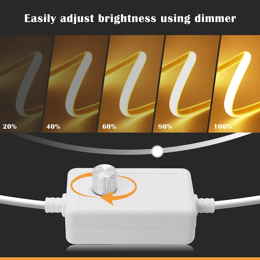 Dimmable 220V COB LED Light With Dimmer EU Power Kit Neon Strip 288Leds/M Waterproof Garden Room Home Bar Lighting Flexible Lamp