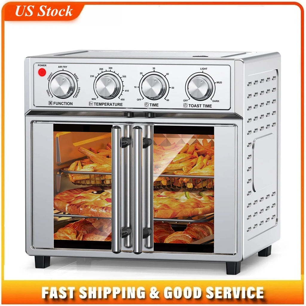 29.5 QT French Door Air Fryer Convection Toaster Oven, Extra Large 6 Slices, 1700W, Multifunction Oven for Air Fryer, Toast, Grill, Defrost, Bake, Time and Temperature Controls, Silver