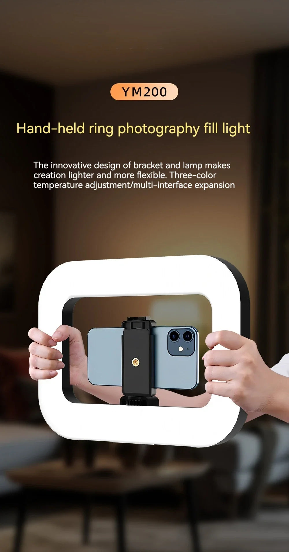 Hand-held rectangular LED fill light for photography with a central black phone mount, held by two hands.