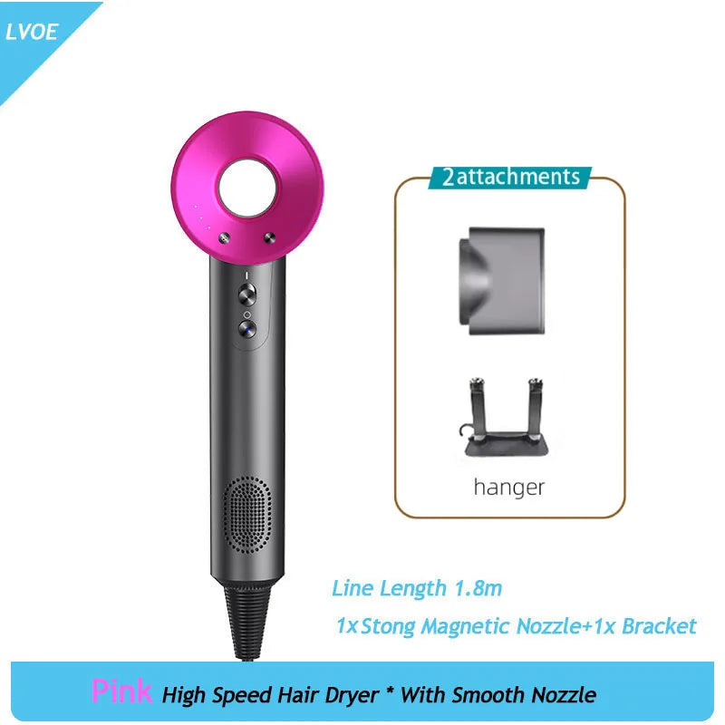 Pink 1600W high-speed ionic hair dryer with magnetic nozzle and storage hanger for professional salon styling at home.