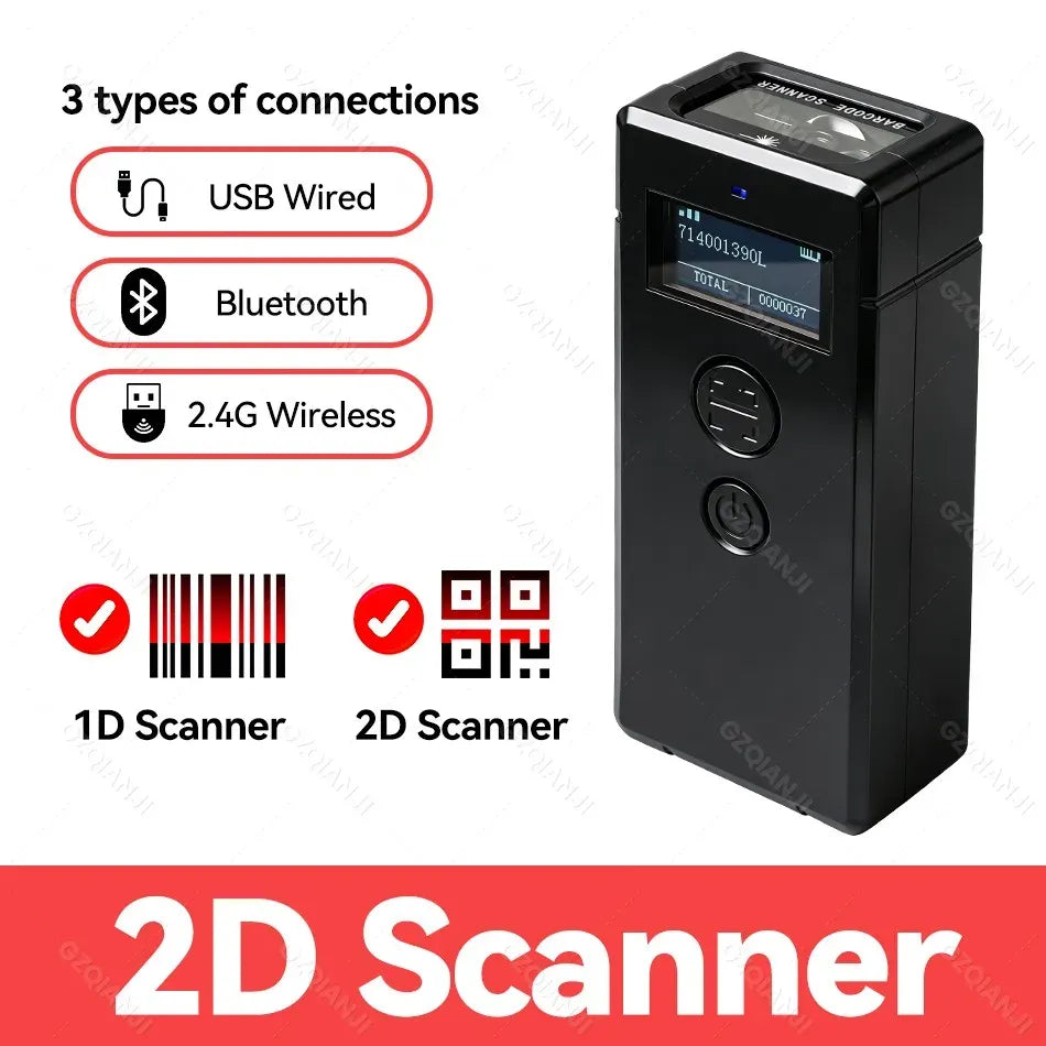 LCD Screen Bluetooth 2D Barcode Scanner with Display Support Mobile Phone iPad Wireless Barcode Reader 1D 2D QR Bar Code Machine
