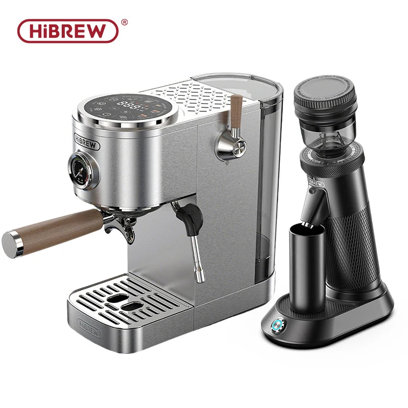 HiBREW silver stainless steel espresso machine with portafilter, pressure gauge, and matching black coffee grinder.