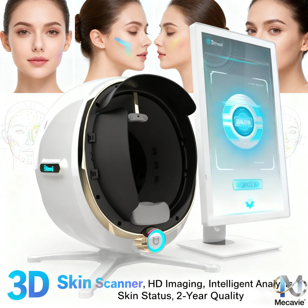 2025 Magic Mirror 3D digital facial skin analyzer with AI imaging, white spherical scanner, and HD display monitor.