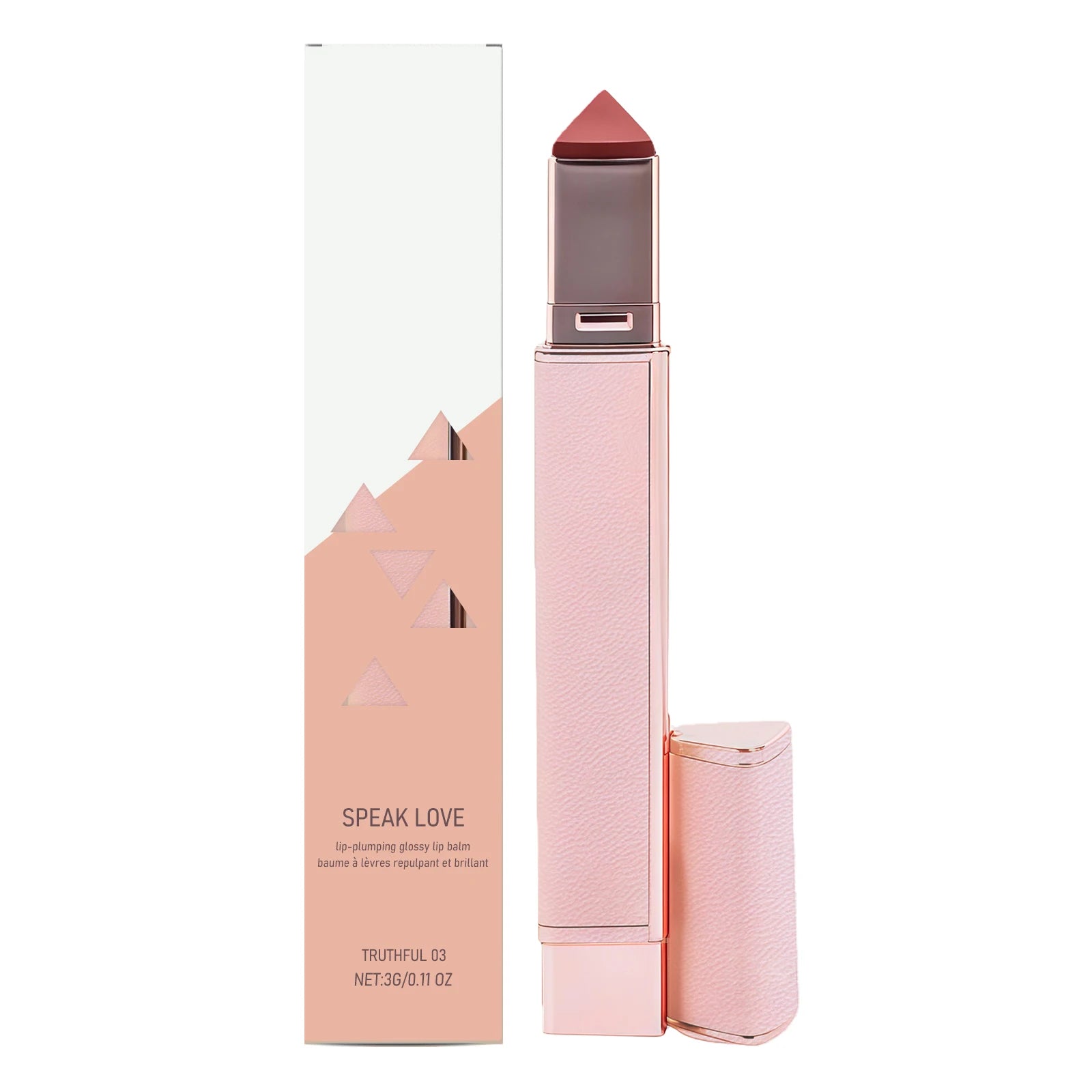 Speak Love hydrating lip balm stick in rose-nude with a triangle-tip, plumping glossy finish, and pink textured case.