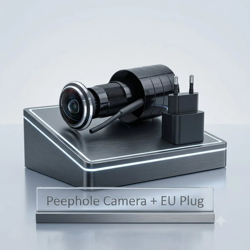 Black peephole video doorbell camera with EU plug on display stand