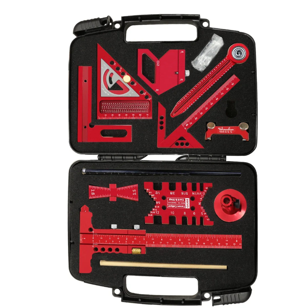 10pcs Woodworking Square Kit with Box, T-Square Scribing Tools,Positioning Block,Circular Drawing Compass,Honing Guide,Height Ga