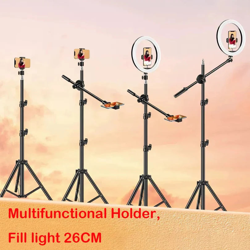 Black metal tripod stand with a 26cm circular LED light and adjustable phone mounts for filming and streaming.
