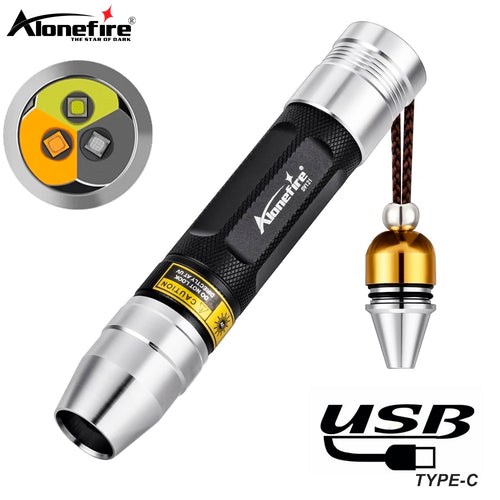 USB-C rechargeable 3-in-1 flashlight with silver body, black grip, and gold UV cap