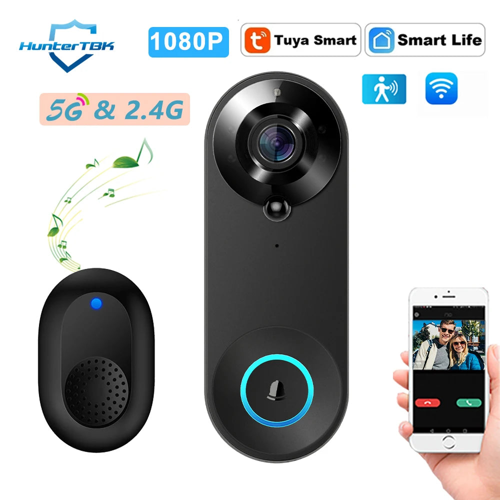 Black 1080P smart WiFi video doorbell camera with light-ring button, indoor chime, phone app