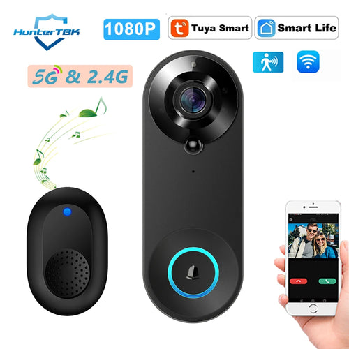 Black 1080P smart WiFi video doorbell camera with light-ring button, indoor chime, phone app