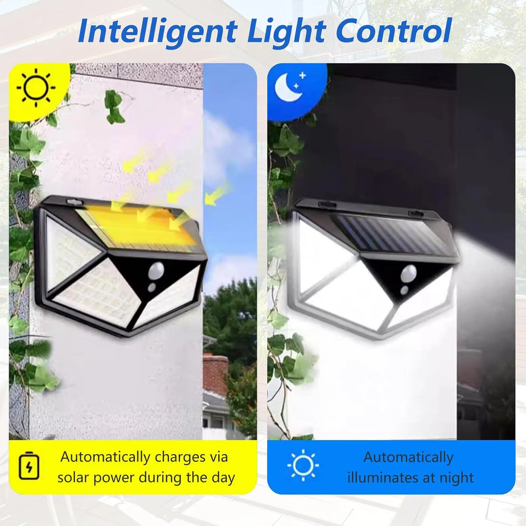 4Pack 100 LED Outdoor Solar Lights with Motion Sensor and 3 Lighting Modes, IP65 Waterproof Solar Wall Lights Ideal for Garden Patio Yard