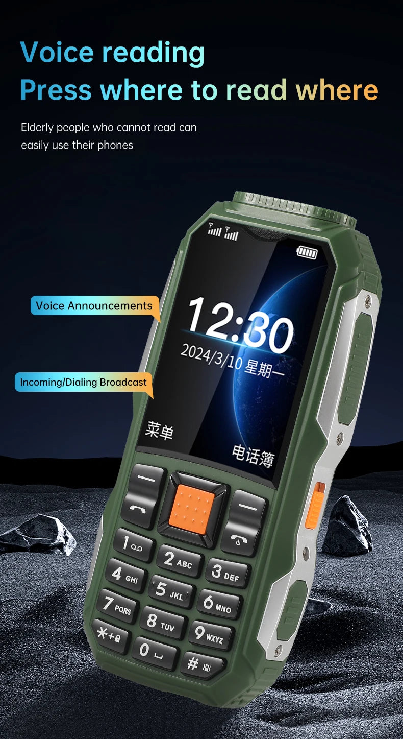 Durable Small Size Mini Rugged Outdoor Mobile Phone Push Button Battery FM Quick Dial Long Standby Two Flashlight Lound Sound