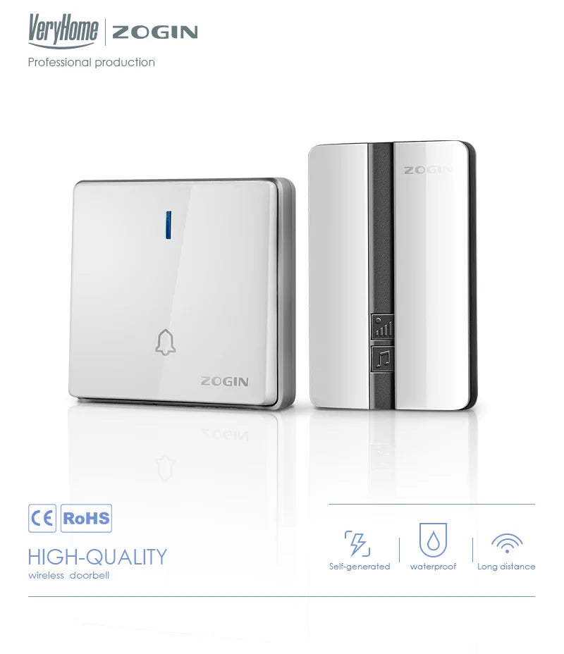VeryHome Wireless Doorbell Waterproof Self-powered Button Smart Door Bell Sets Home Welcome Outdoor House Chimes  Receiver
