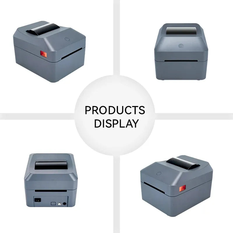 Gray 4-inch thermal label printer shown from multiple angles
