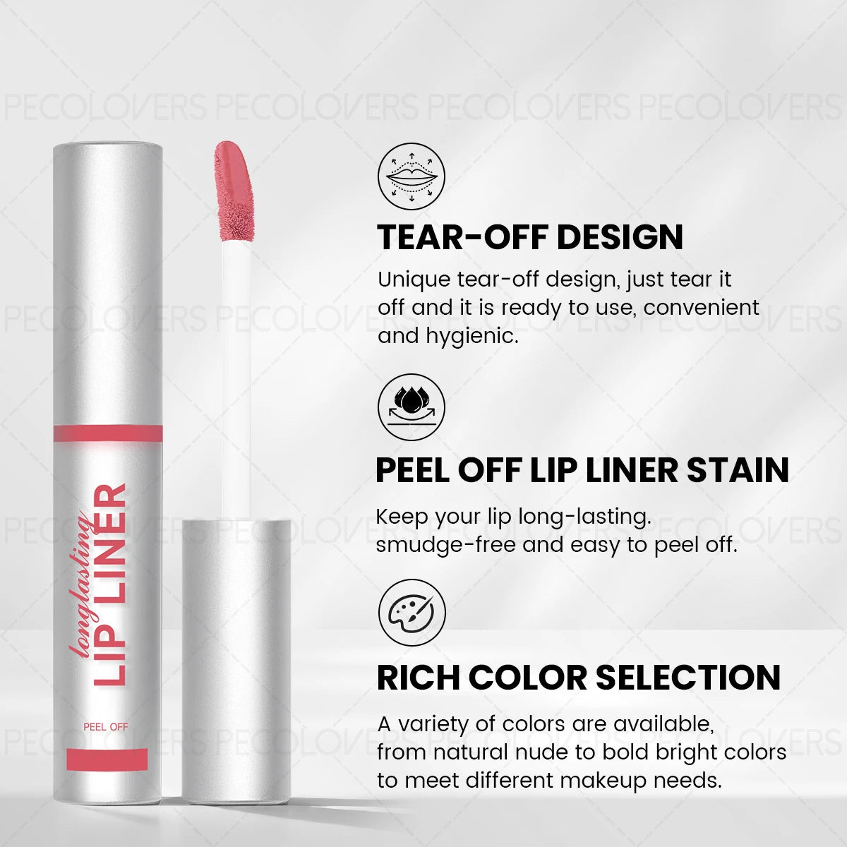 Matte peel-off lip liner stain with pink applicator tip, silver packaging, and long-lasting waterproof makeup design.