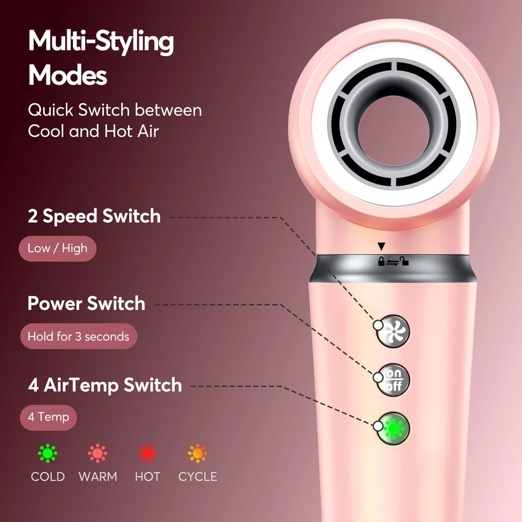 Pink 5-in-1 air wrap hair styler with 2-speed settings and 4-mode temperature control for frizz-free styling.
