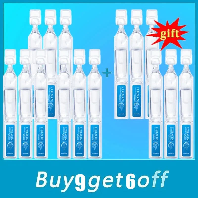 Fifteen clear, single-use ampoules of Collagen serum with blue labels arranged against a bright blue background.