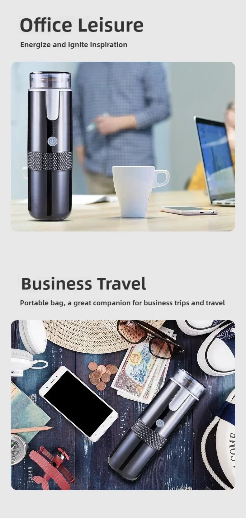 Black portable electric coffee maker with textured grip on a desk and travel items for business trips.