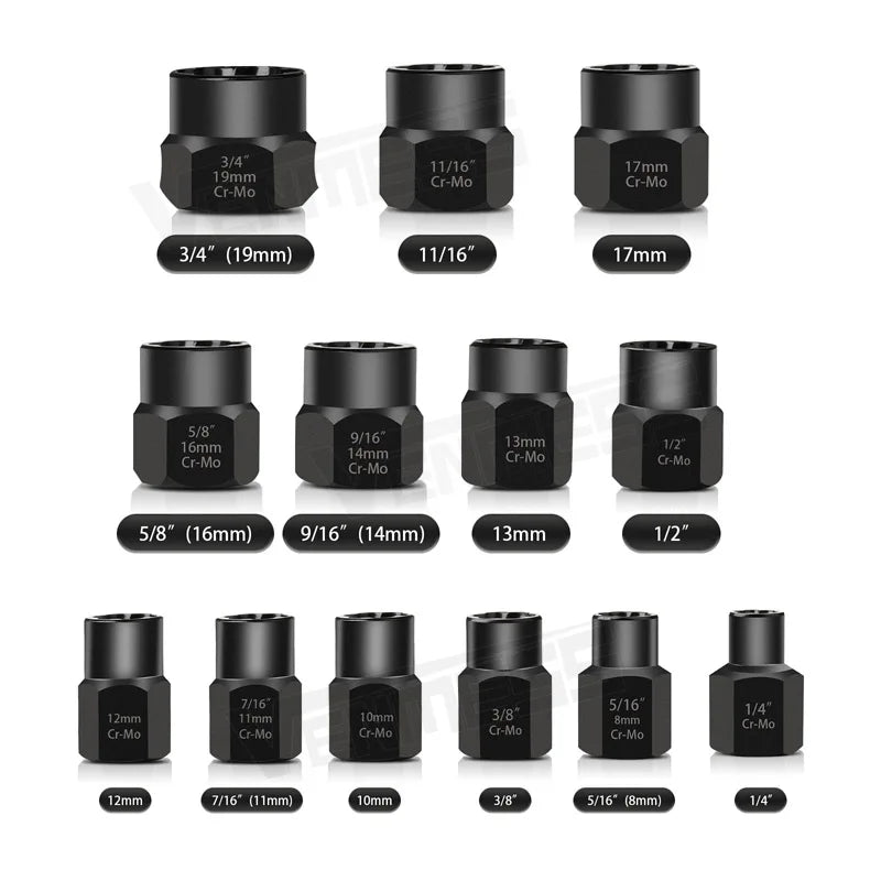 14 Pieces Impact Bolt & Nut Remover Set Cr-Mo Steel Bolt Extractor Tool Set with Solid Storage Case for Industrial Drop Shipping
