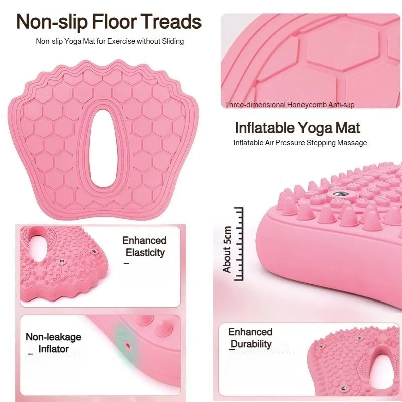 Pink inflatable 5cm exercise mat with honeycomb texture and massage spikes, designed for non-slip floor workouts.