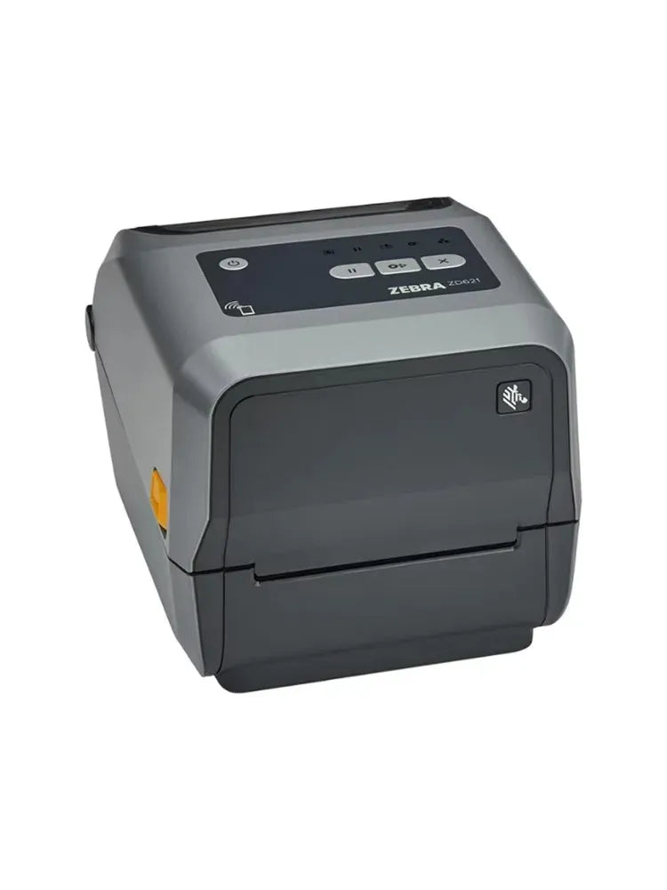 Gray desktop thermal barcode printer with front label door and control buttons