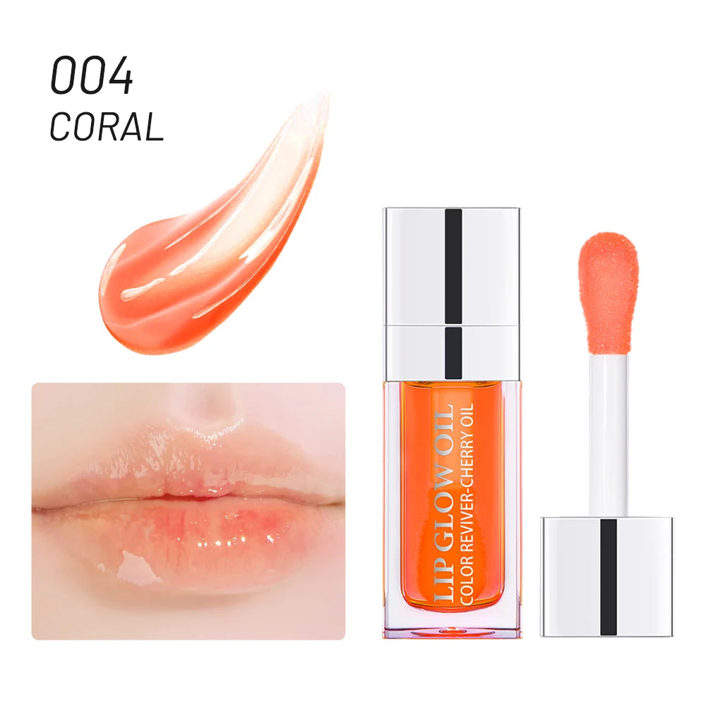 Coral lip glow oil for plumping and moisturizing. Shiny, clear jelly tint with applicator and swatched lips.